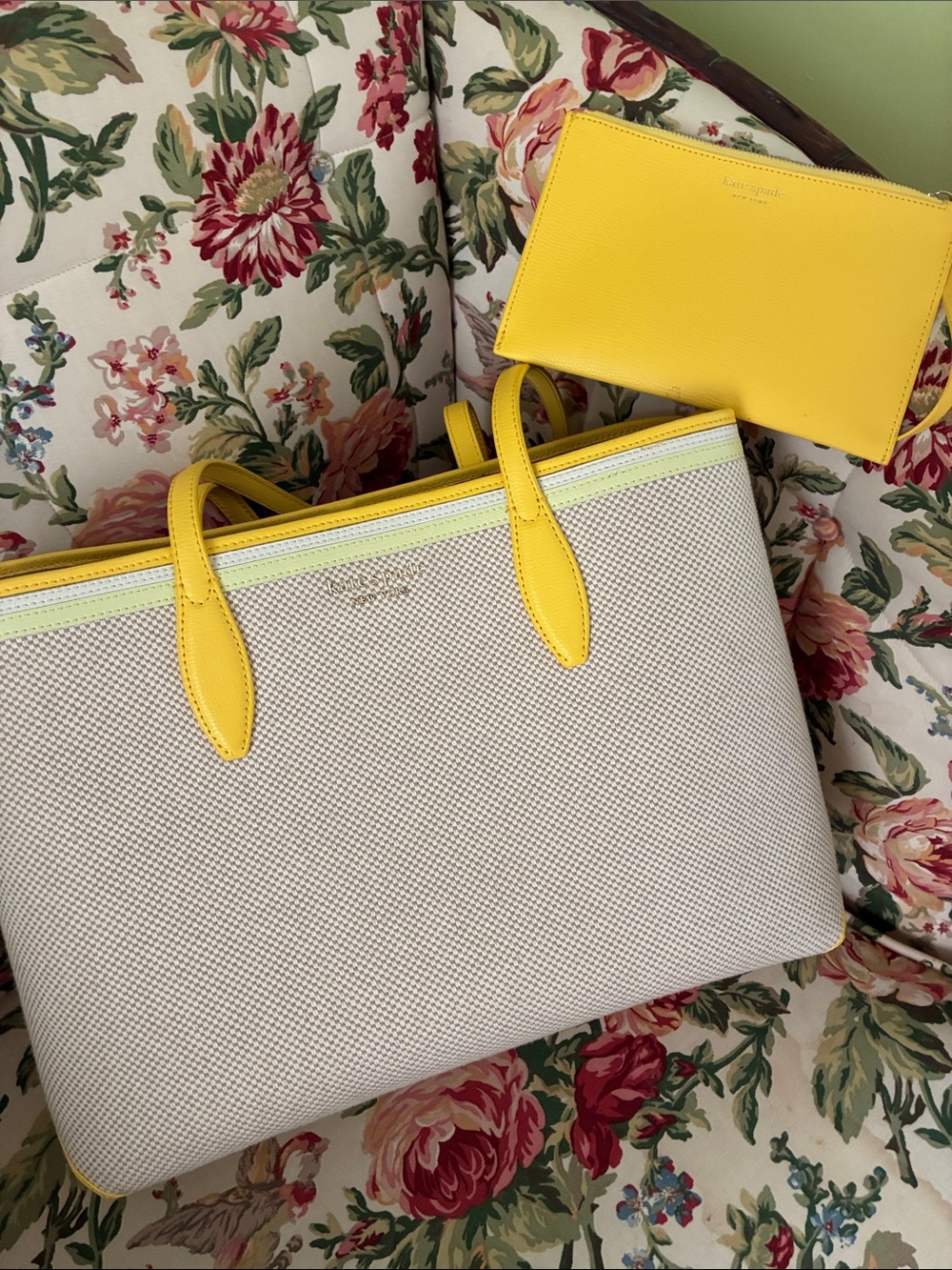 kate spade Cream Canvas Tote with Yellow Trim and Wristlet - Picture 7 of 11
